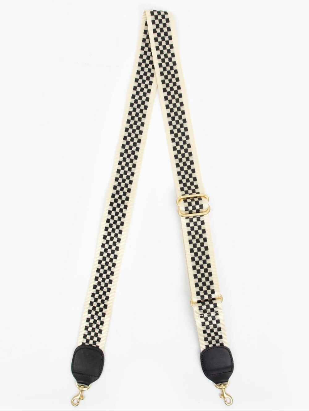 CLARE V ADJUSTABLE CROSSBODY STRAP - BLACK/CREAM CHECKER WITH BLACK TABS